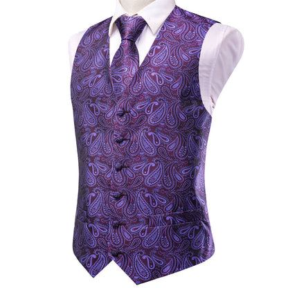 Jam Purple Jacquard Silk Men's Vest Set vest set    - Sophisticated Gentlemen