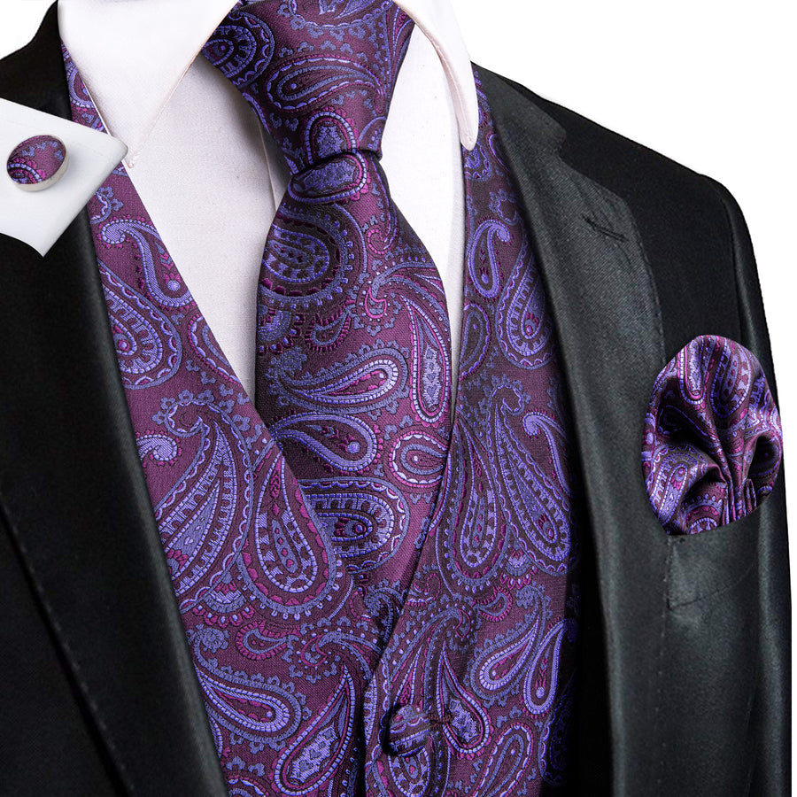 Jam Purple Jacquard Silk Men's Vest Set vest set S (Chest 40")   - Sophisticated Gentlemen