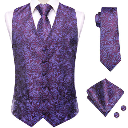Jam Purple Jacquard Silk Men's Vest Set vest set    - Sophisticated Gentlemen