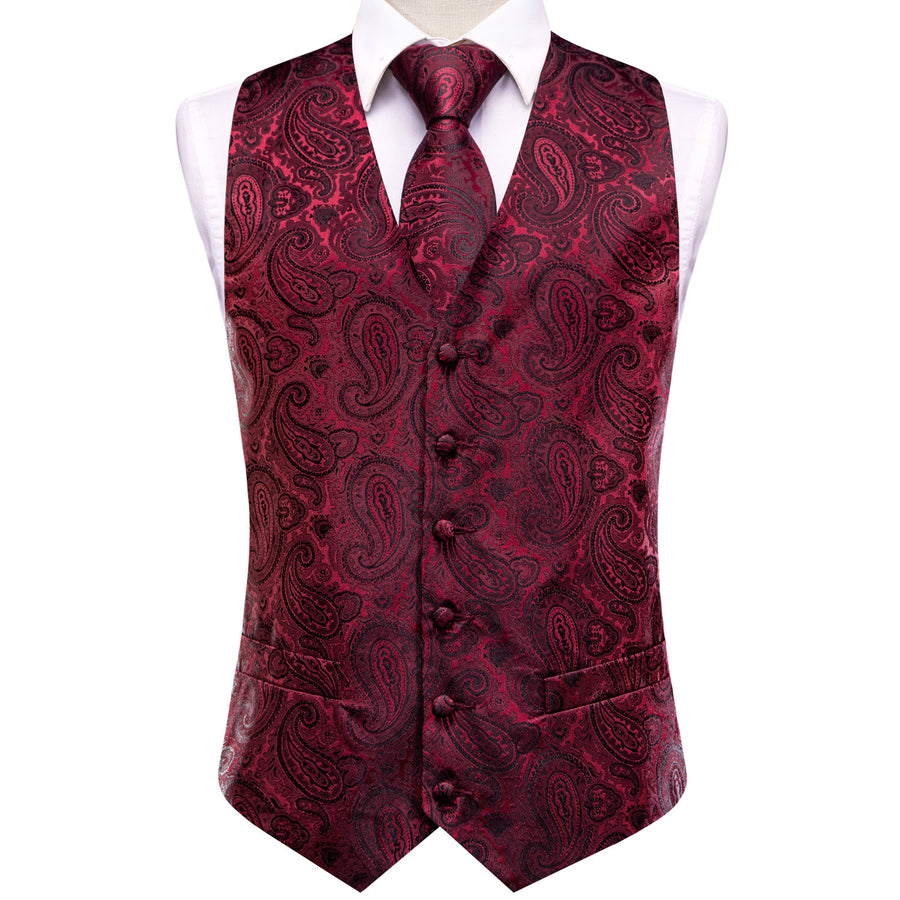 Dark Red Black Paisley Jacquard Silk Men's Vest Set vest set    - Sophisticated Gentlemen