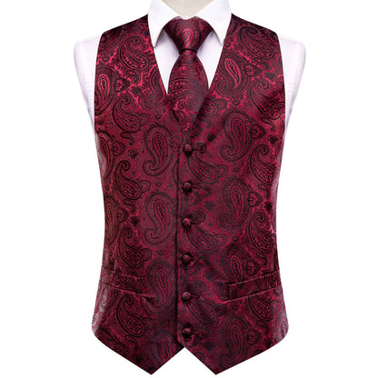 Dark Red Black Paisley Jacquard Silk Men's Vest Set vest set    - Sophisticated Gentlemen