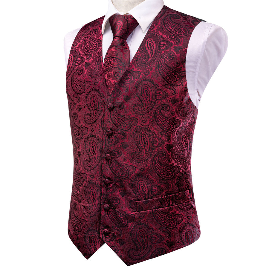 Dark Red Black Paisley Jacquard Silk Men's Vest Set vest set    - Sophisticated Gentlemen