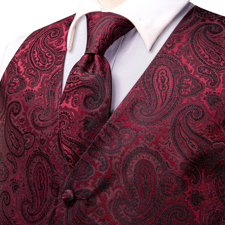 Dark Red Black Paisley Jacquard Silk Men's Vest Set vest set    - Sophisticated Gentlemen