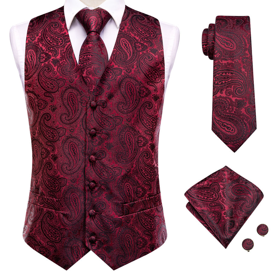 Dark Red Black Paisley Jacquard Silk Men's Vest Set vest set    - Sophisticated Gentlemen