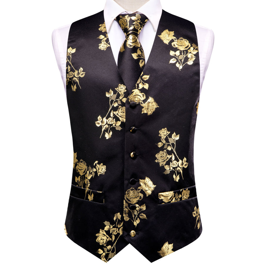 Black Golden Rose Floral Jacquard Silk Vest Set vest set    - Sophisticated Gentlemen
