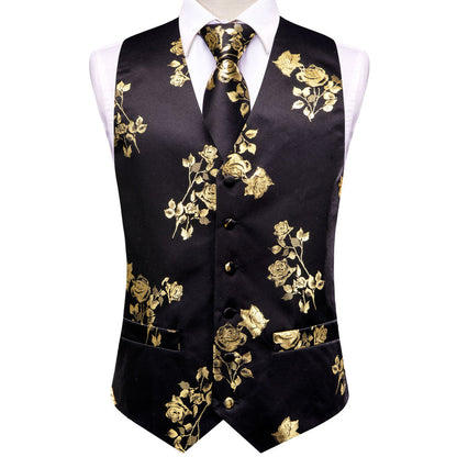 Black Golden Rose Floral Jacquard Silk Vest Set vest set    - Sophisticated Gentlemen