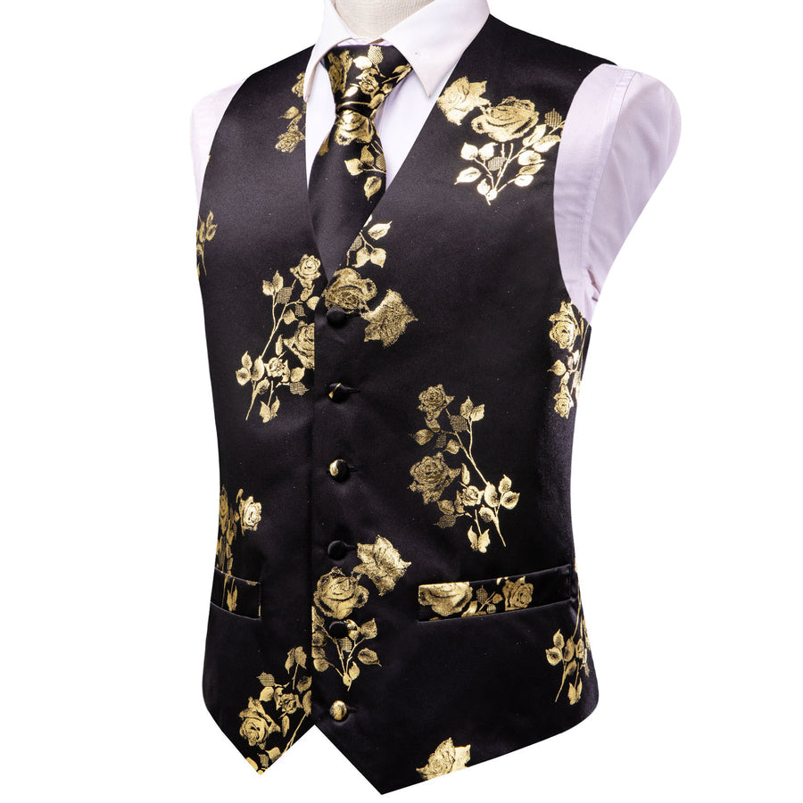 Black Golden Rose Floral Jacquard Silk Vest Set vest set    - Sophisticated Gentlemen