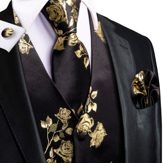 Black Golden Rose Floral Jacquard Silk Vest Set vest set S (Chest 40")   - Sophisticated Gentlemen