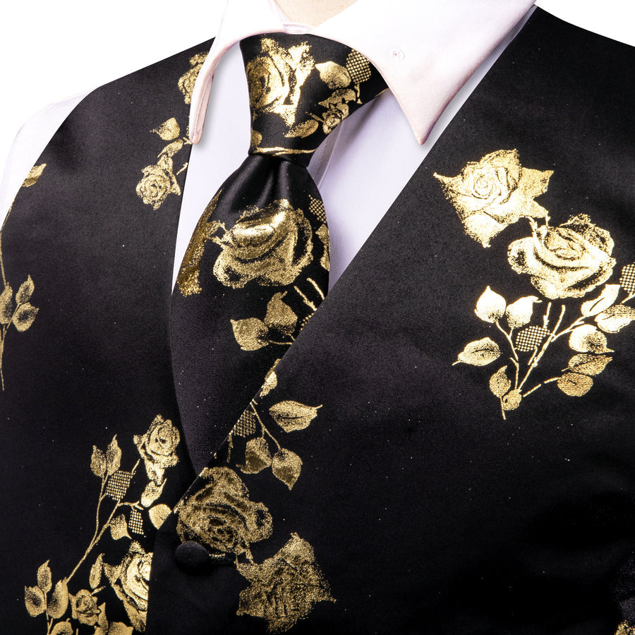 Black Golden Rose Floral Jacquard Silk Vest Set vest set    - Sophisticated Gentlemen