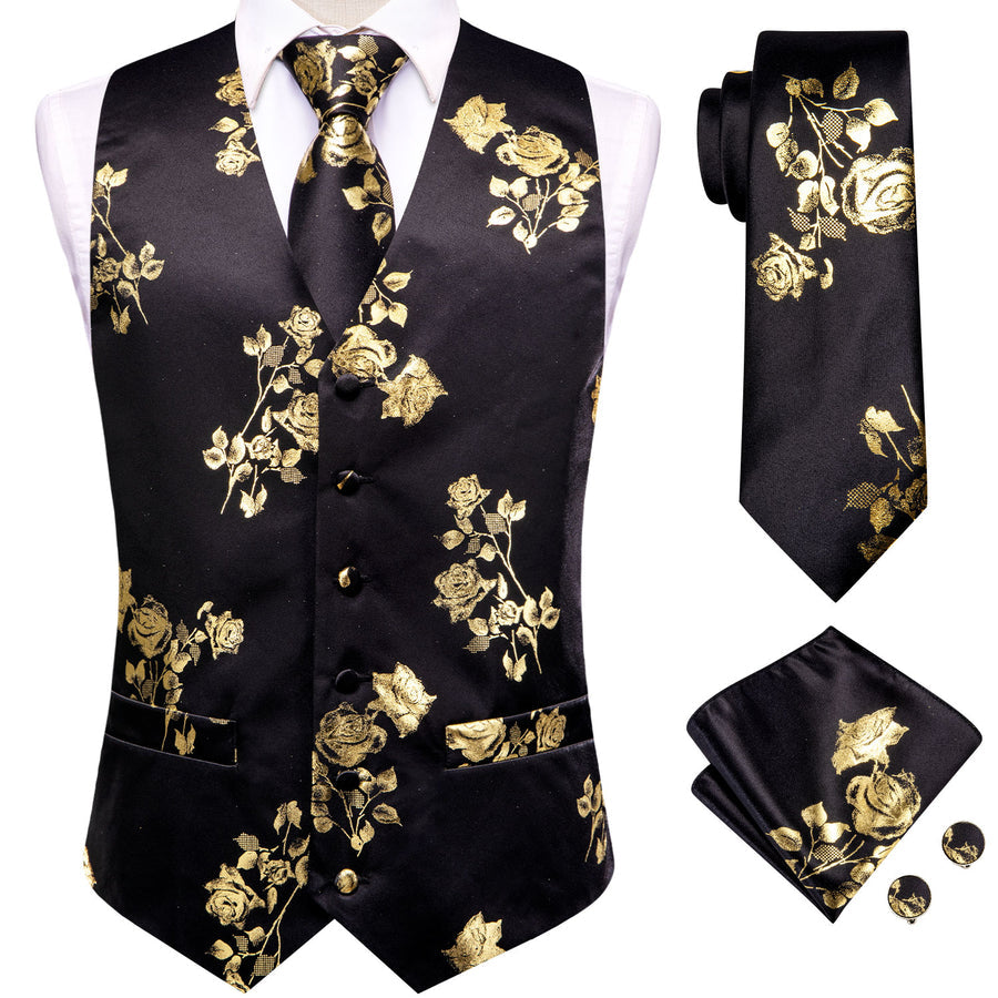 Black Golden Rose Floral Jacquard Silk Vest Set vest set    - Sophisticated Gentlemen