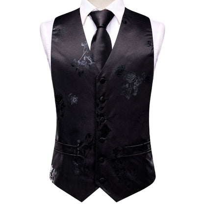 Black Gray Rose Floral Jacquard Silk Men's Vest Set vest set    - Sophisticated Gentlemen