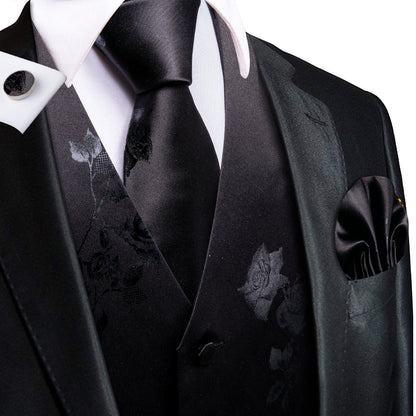 Black Gray Rose Floral Jacquard Silk Men's Vest Set vest set S (Chest 40")   - Sophisticated Gentlemen