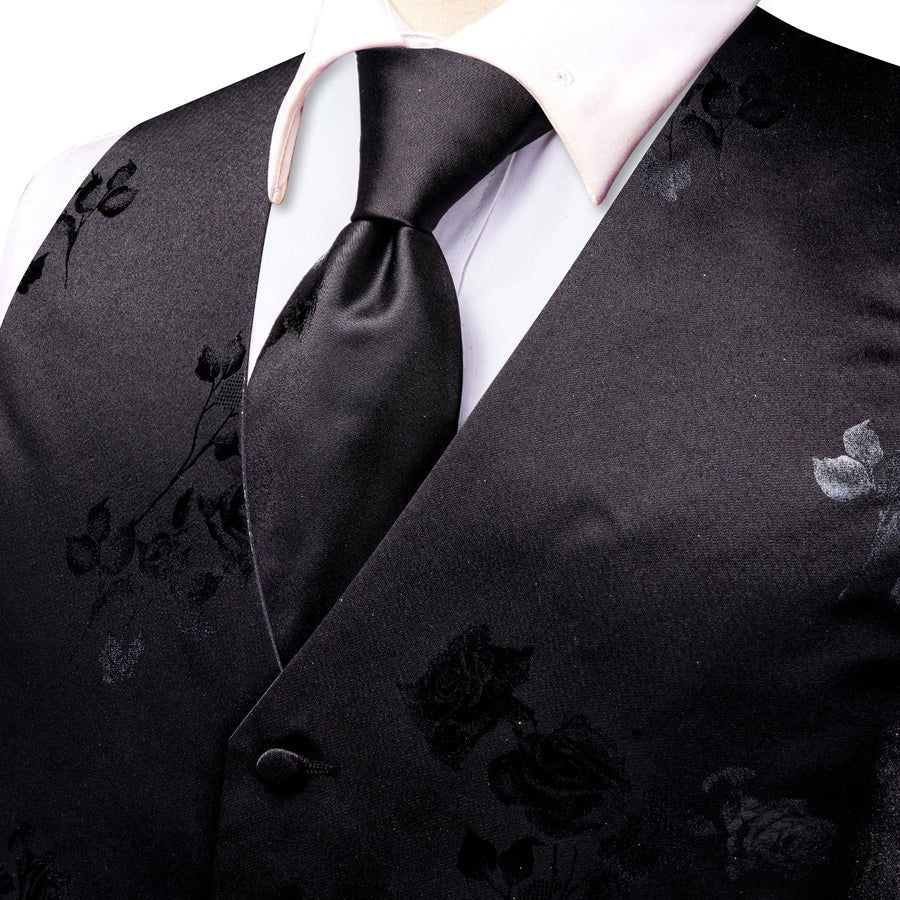 Black Gray Rose Floral Jacquard Silk Men's Vest Set vest set    - Sophisticated Gentlemen