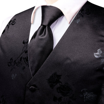 Black Gray Rose Floral Jacquard Silk Men's Vest Set vest set    - Sophisticated Gentlemen