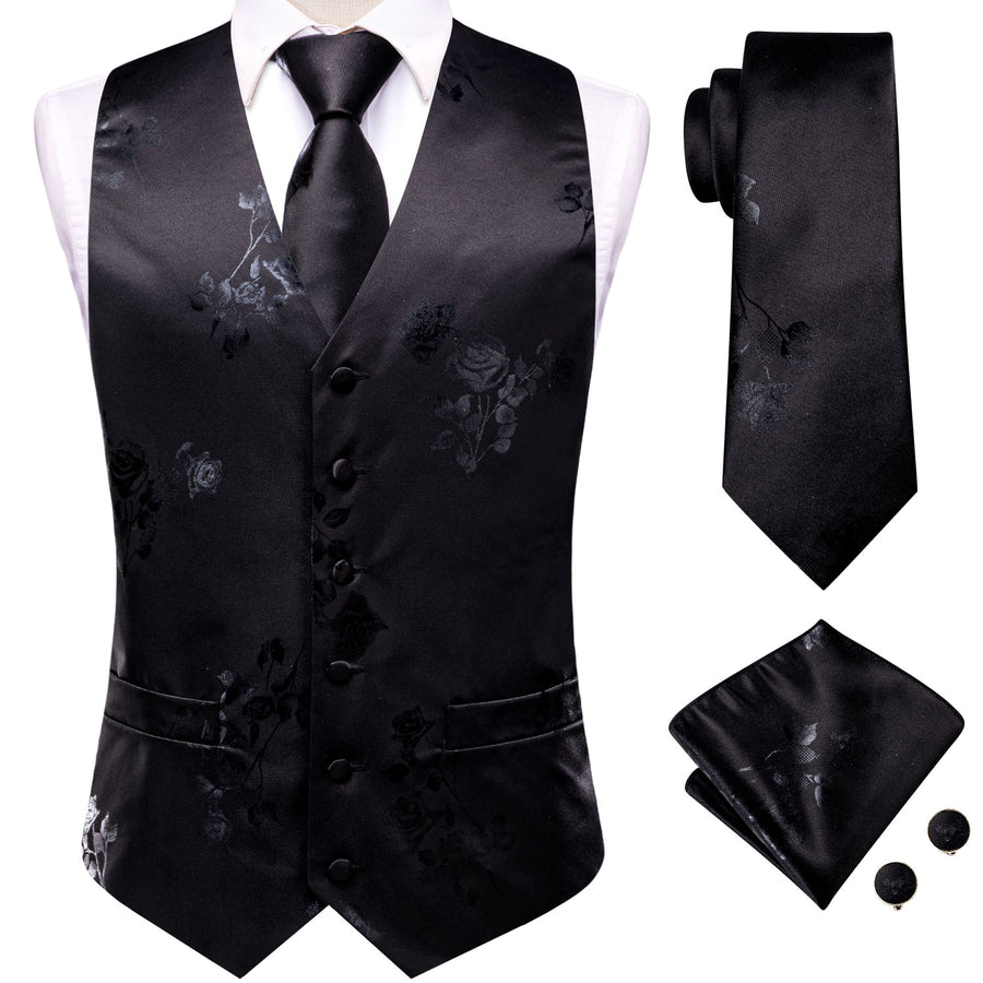 Black Gray Rose Floral Jacquard Silk Men's Vest Set vest set    - Sophisticated Gentlemen