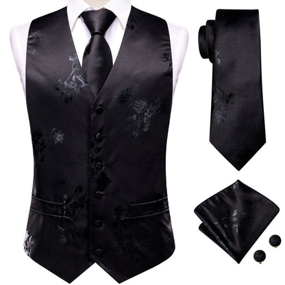 Black Gray Rose Floral Jacquard Silk Men's Vest Set vest set    - Sophisticated Gentlemen
