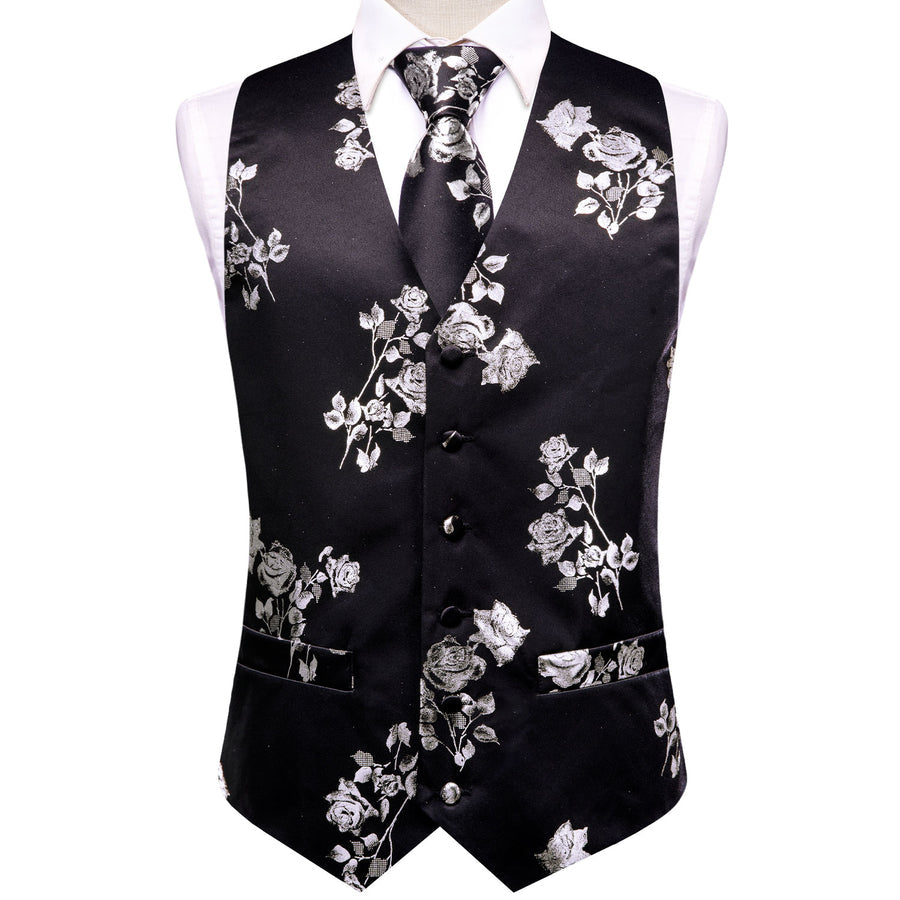 Black White Rose Floral Jacquard Silk Vest Set vest set    - Sophisticated Gentlemen