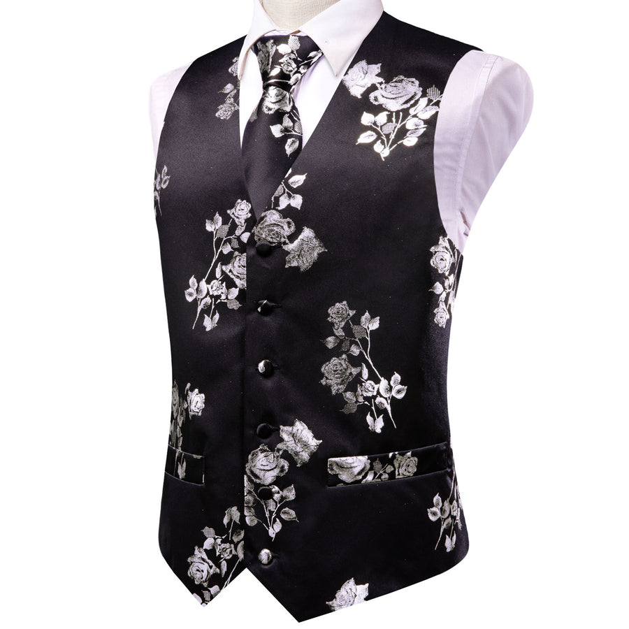 Black White Rose Floral Jacquard Silk Vest Set vest set    - Sophisticated Gentlemen