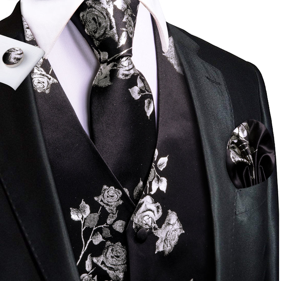 Black White Rose Floral Jacquard Silk Vest Set vest set S (Chest 40")   - Sophisticated Gentlemen
