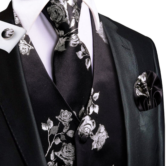 Black White Rose Floral Jacquard Silk Vest Set vest set S (Chest 40")   - Sophisticated Gentlemen