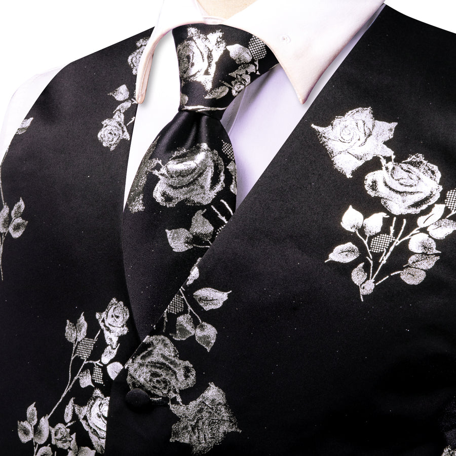 Black White Rose Floral Jacquard Silk Vest Set vest set    - Sophisticated Gentlemen
