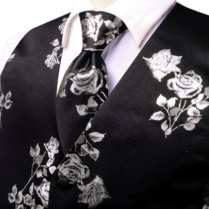 Black White Rose Floral Jacquard Silk Vest Set vest set    - Sophisticated Gentlemen