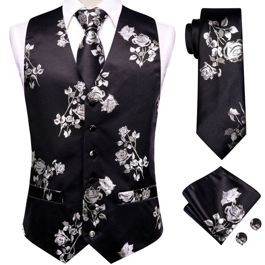 Black White Rose Floral Jacquard Silk Vest Set vest set    - Sophisticated Gentlemen