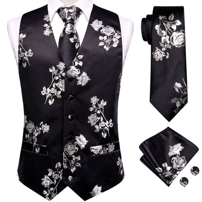 Black White Rose Floral Jacquard Silk Vest Set vest set    - Sophisticated Gentlemen