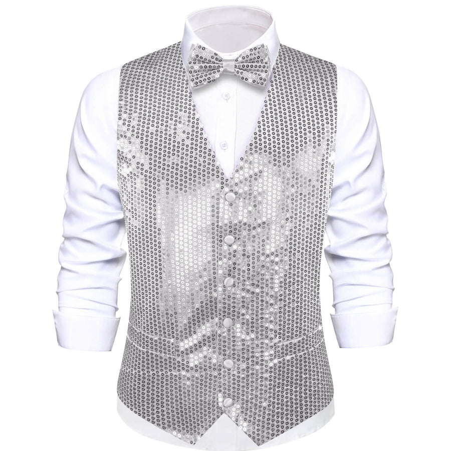 Shining Light Gray Sequins Bowtie Vest Set vest set S (Chest 40")   - Sophisticated Gentlemen