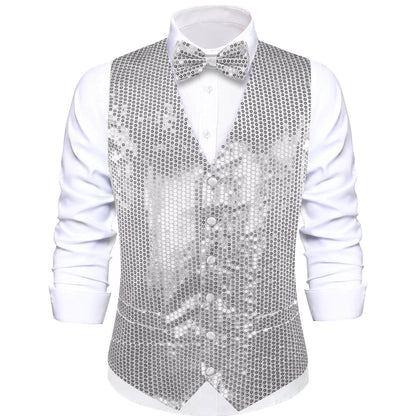 Shining Light Gray Sequins Bowtie Vest Set vest set S (Chest 40")   - Sophisticated Gentlemen