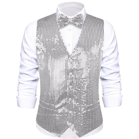 Shining Light Gray Sequins Bowtie Vest Set vest set S (Chest 40")   - Sophisticated Gentlemen