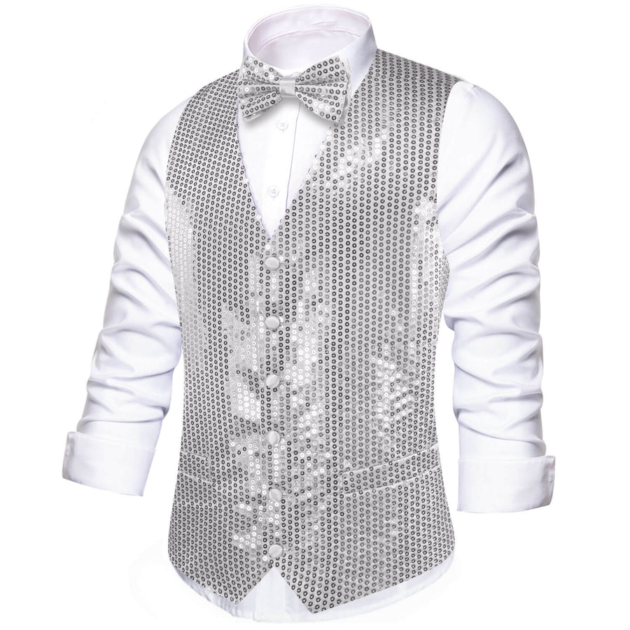 Shining Light Gray Sequins Bowtie Vest Set vest set    - Sophisticated Gentlemen