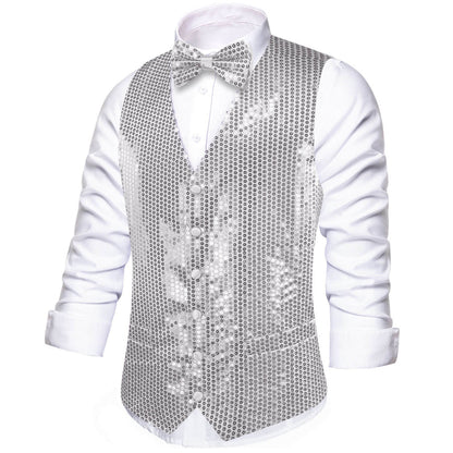 Shining Light Gray Sequins Bowtie Vest Set vest set    - Sophisticated Gentlemen