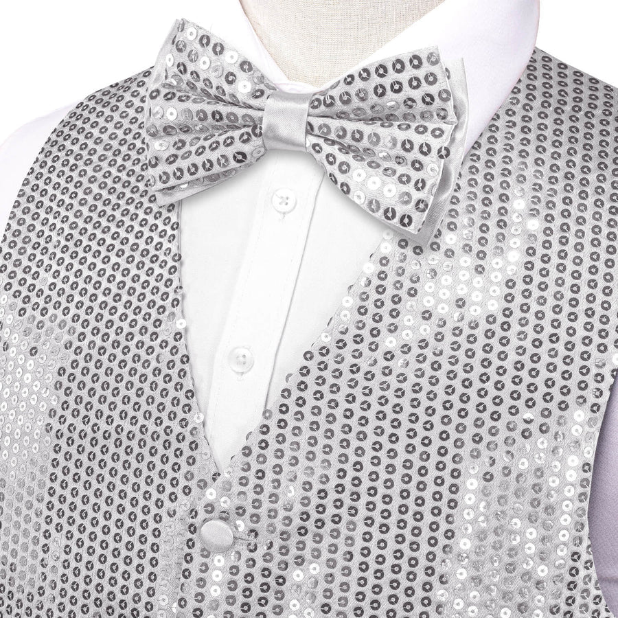 Shining Light Gray Sequins Bowtie Vest Set vest set    - Sophisticated Gentlemen