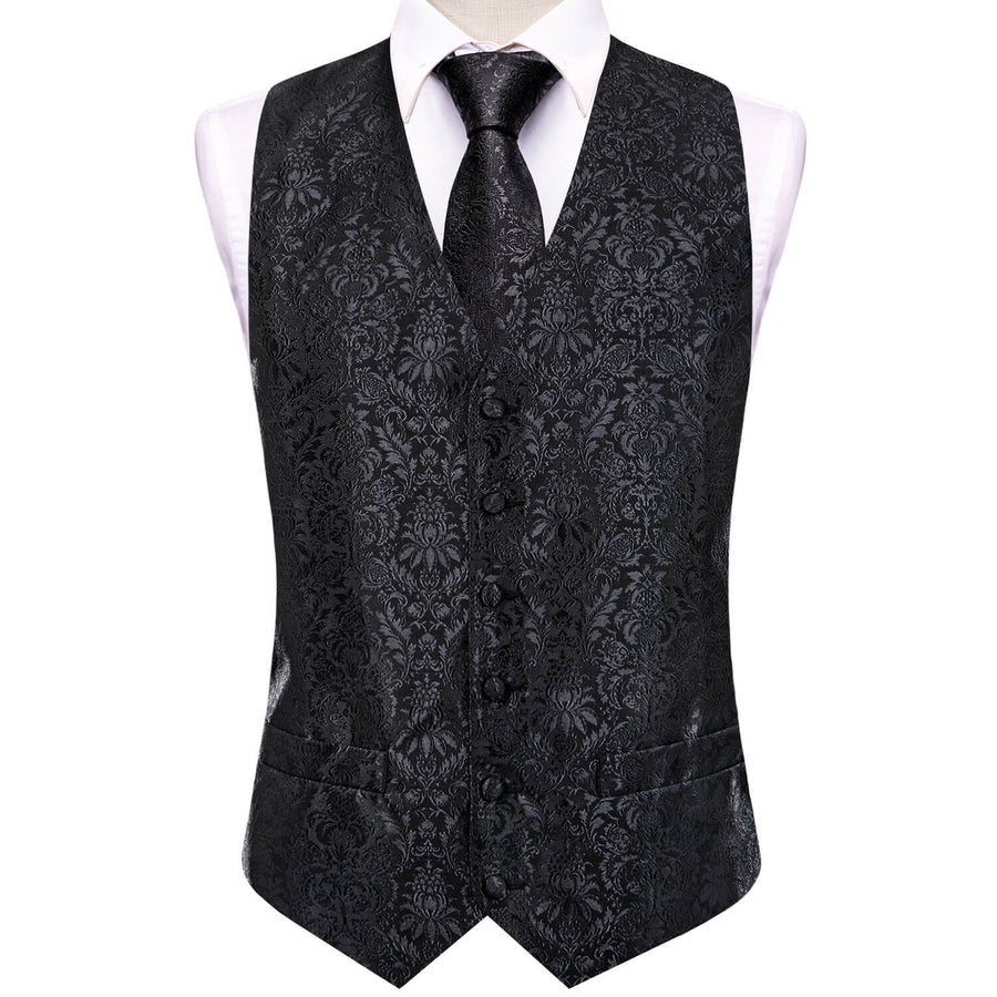 Coal Black Jacquard Floral Silk Vest Set vest set    - Sophisticated Gentlemen
