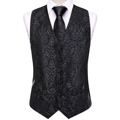Coal Black Jacquard Floral Silk Vest Set vest set    - Sophisticated Gentlemen