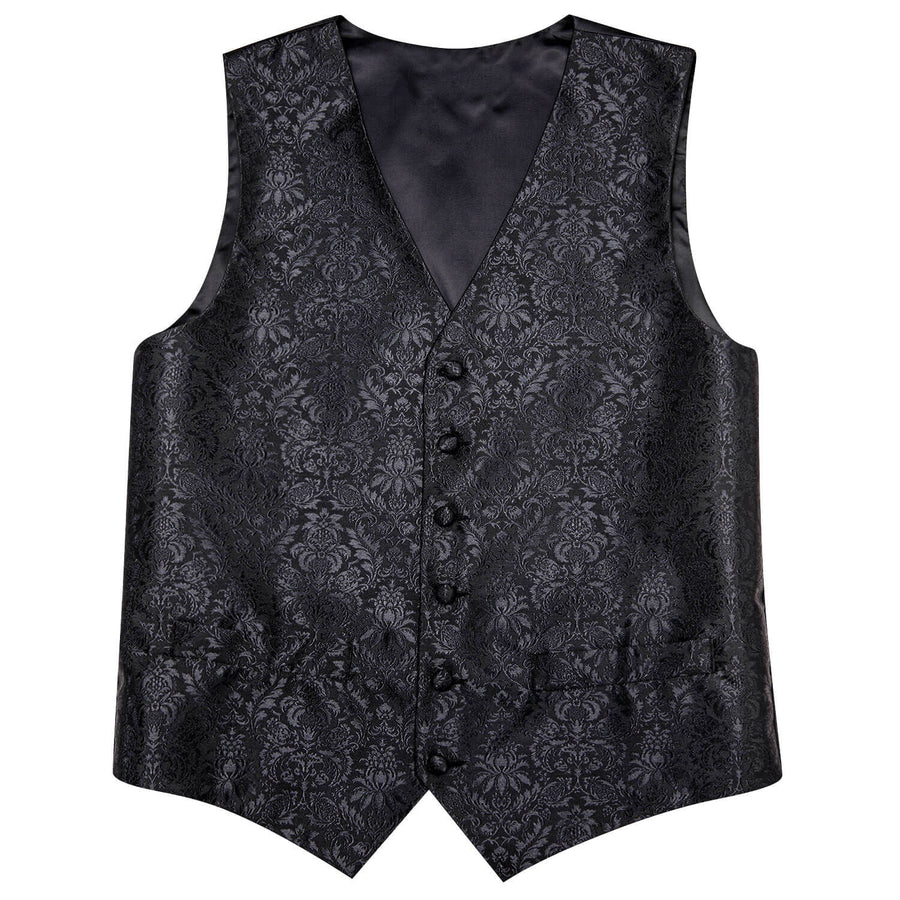 Coal Black Jacquard Floral Silk Vest Set vest set    - Sophisticated Gentlemen