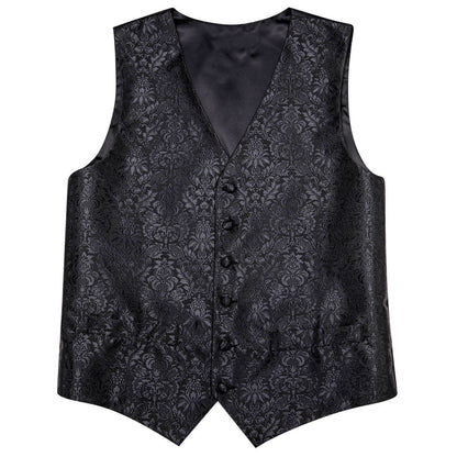 Coal Black Jacquard Floral Silk Vest Set vest set    - Sophisticated Gentlemen