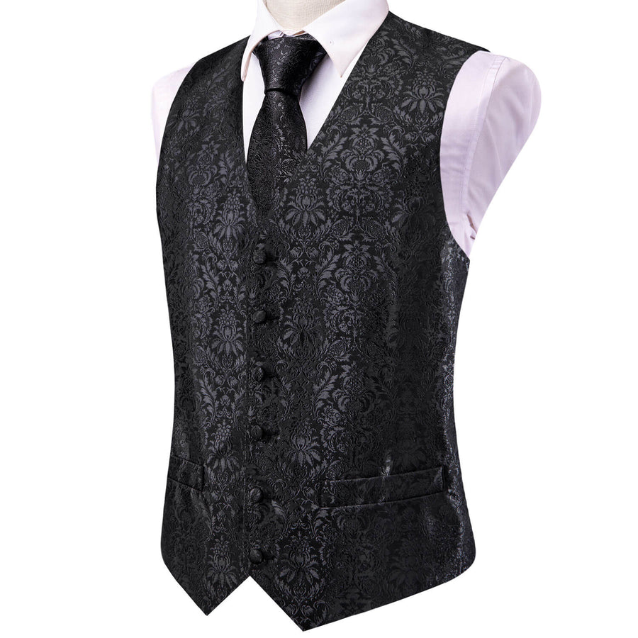 Coal Black Jacquard Floral Silk Vest Set vest set    - Sophisticated Gentlemen