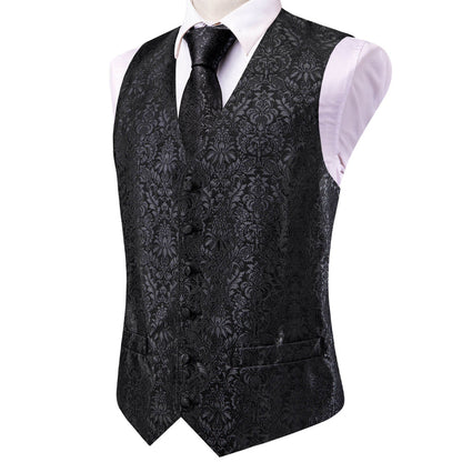 Coal Black Jacquard Floral Silk Vest Set vest set    - Sophisticated Gentlemen