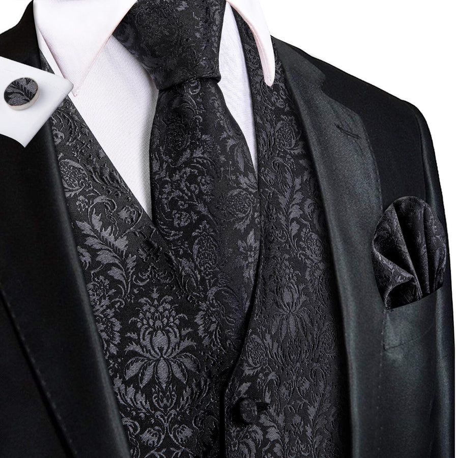 Coal Black Jacquard Floral Silk Vest Set vest set S (Chest 40")   - Sophisticated Gentlemen