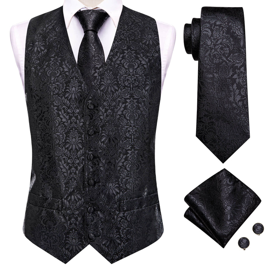 Coal Black Jacquard Floral Silk Vest Set vest set    - Sophisticated Gentlemen