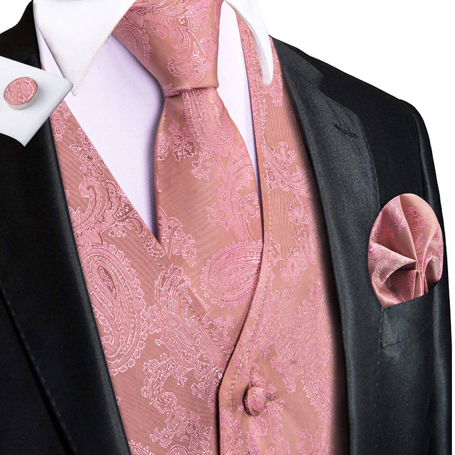 Light Pink Jacquard Paisley Silk Vest Set vest set S (Chest 40")   - Sophisticated Gentlemen