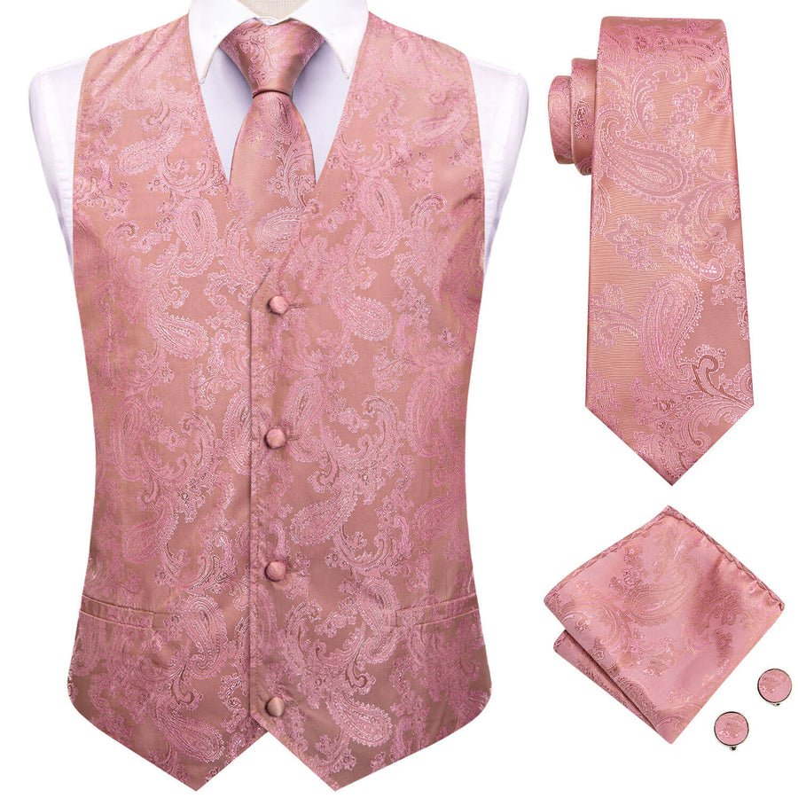 Light Pink Jacquard Paisley Silk Vest Set vest set    - Sophisticated Gentlemen