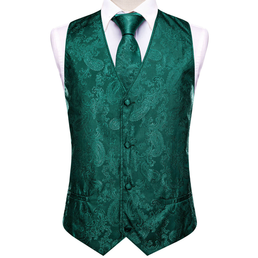 Dark Cyan Jacquard Paisley Silk Vest Set vest set    - Sophisticated Gentlemen