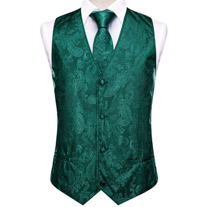 Dark Cyan Jacquard Paisley Silk Vest Set vest set    - Sophisticated Gentlemen