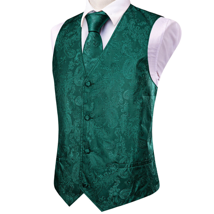 Dark Cyan Jacquard Paisley Silk Vest Set vest set    - Sophisticated Gentlemen