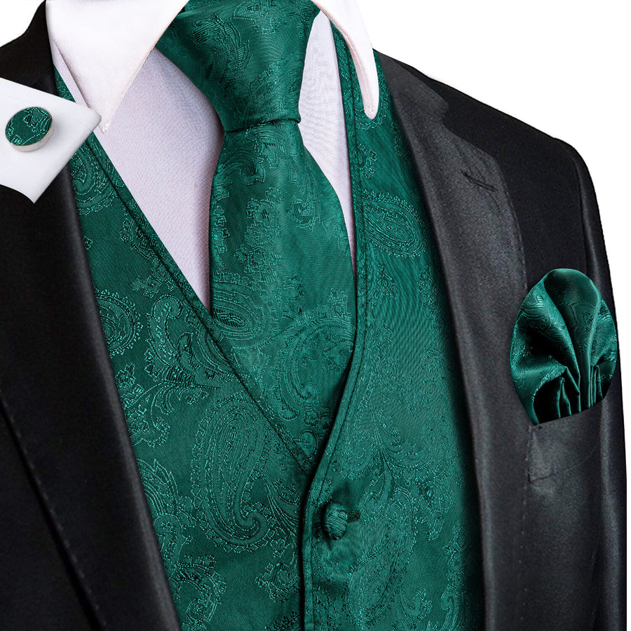 Dark Cyan Jacquard Paisley Silk Vest Set vest set S (Chest 40")   - Sophisticated Gentlemen