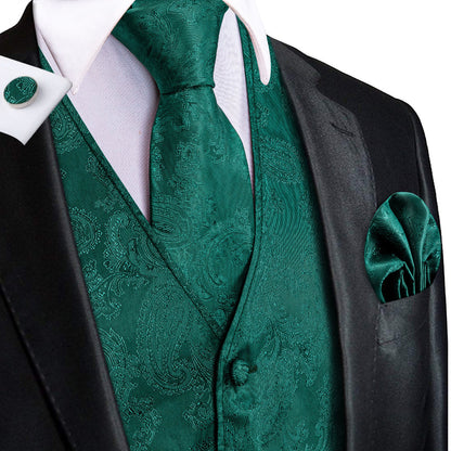 Dark Cyan Jacquard Paisley Silk Vest Set vest set S (Chest 40")   - Sophisticated Gentlemen