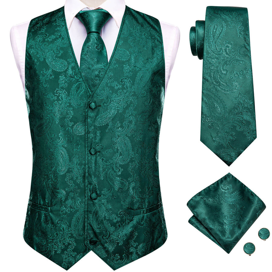 Dark Cyan Jacquard Paisley Silk Vest Set vest set    - Sophisticated Gentlemen
